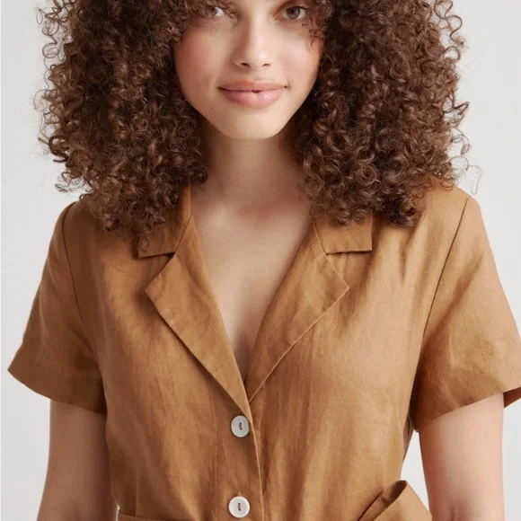 Quince 100% European Linen Button Front Dress Brown Tan Tie XS - Picture 2 of 6